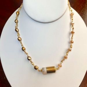 Wire Wrapped Gold & Peach colored Beads w Gold & Cream Barrel Pendant